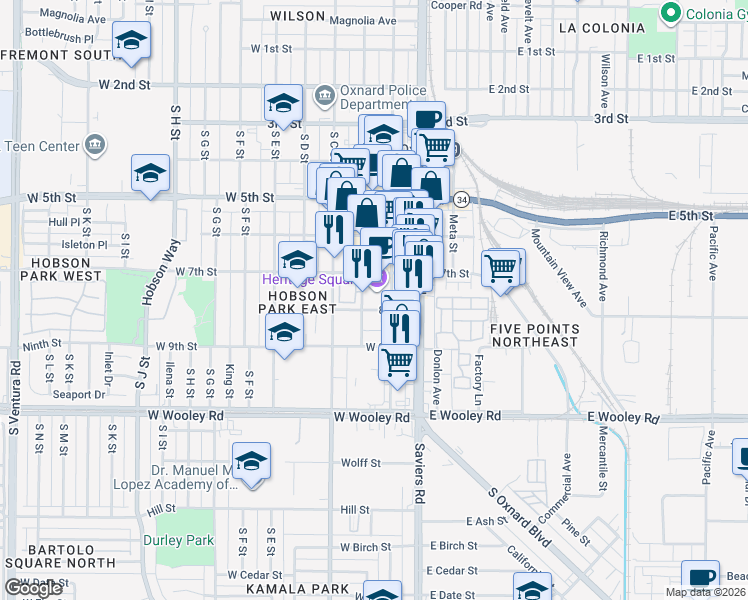 map of restaurants, bars, coffee shops, grocery stores, and more near 750 South B Street in Oxnard