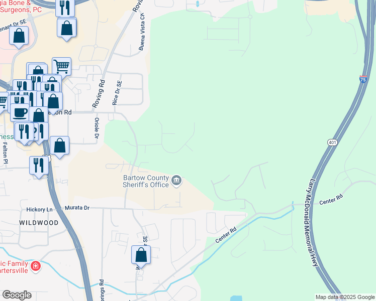 map of restaurants, bars, coffee shops, grocery stores, and more near 3 Overlook Way in Cartersville