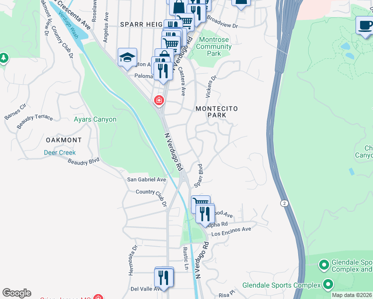 map of restaurants, bars, coffee shops, grocery stores, and more near 3085 Sparr Boulevard in Glendale