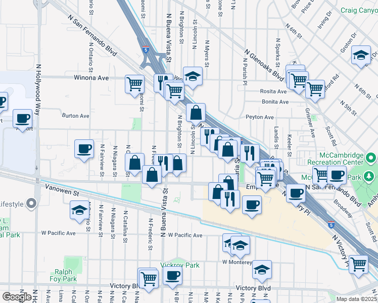 map of restaurants, bars, coffee shops, grocery stores, and more near 2108 North Brighton Street in Burbank