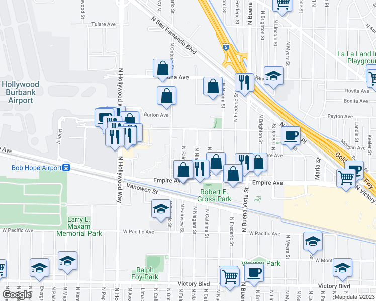 map of restaurants, bars, coffee shops, grocery stores, and more near 2305 North Niagara Street in Burbank
