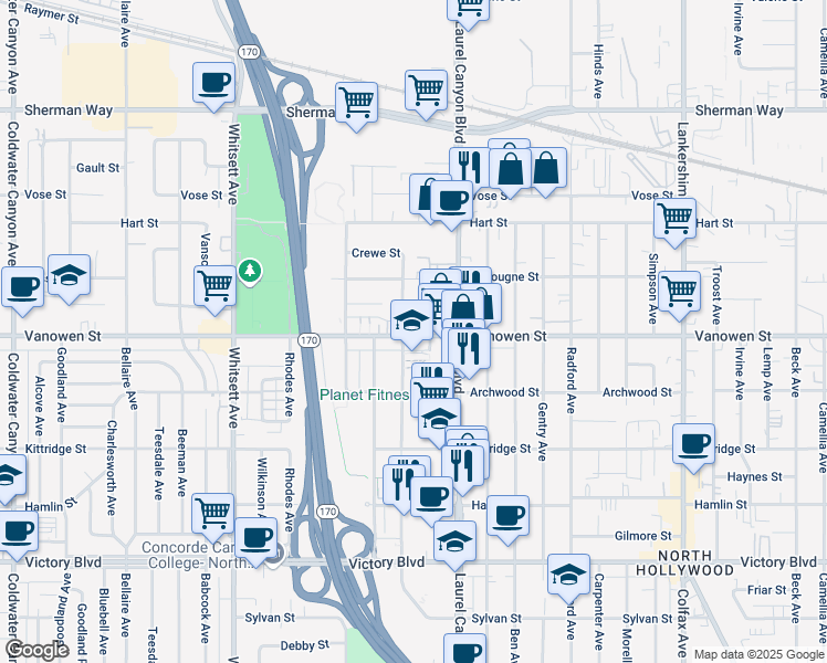 map of restaurants, bars, coffee shops, grocery stores, and more near 12145 Vanowen Street in Los Angeles