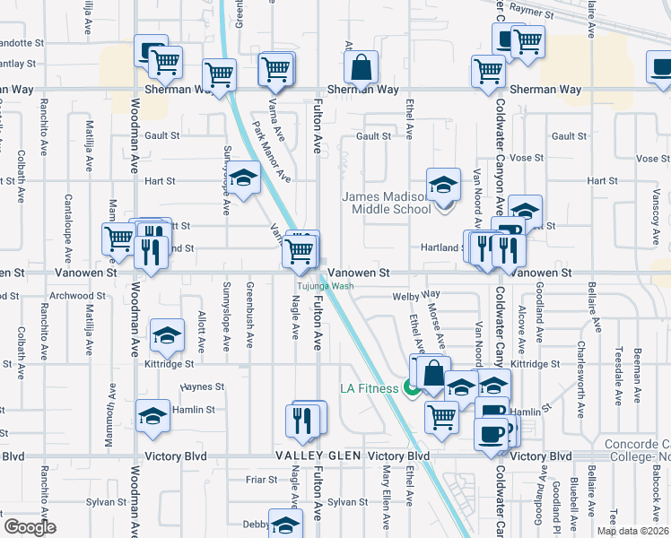 map of restaurants, bars, coffee shops, grocery stores, and more near 13255 Vanowen Street in Los Angeles