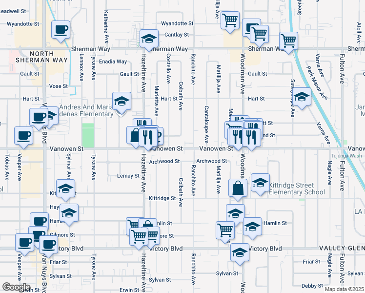 map of restaurants, bars, coffee shops, grocery stores, and more near 13942 Vanowen Street in Los Angeles