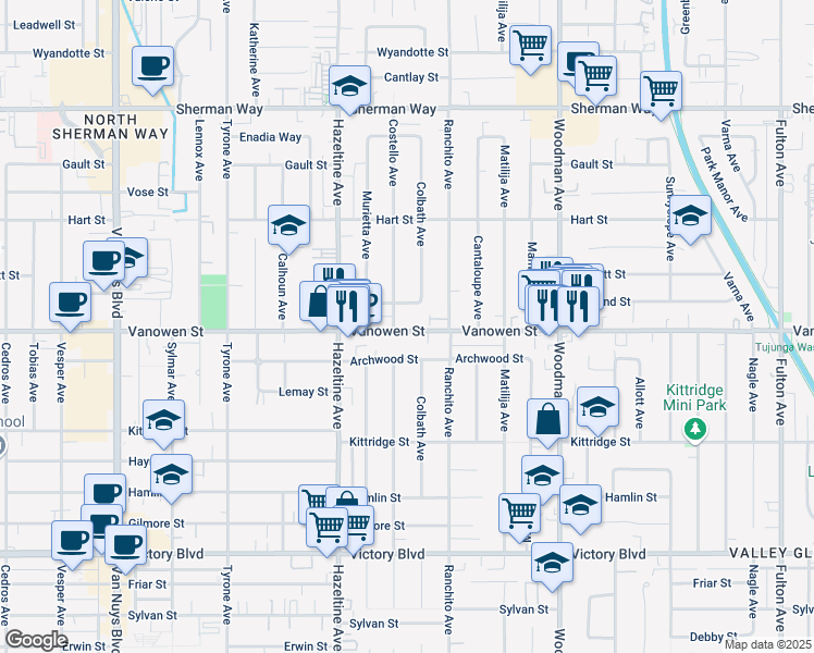 map of restaurants, bars, coffee shops, grocery stores, and more near 13942 Vanowen Street in Los Angeles