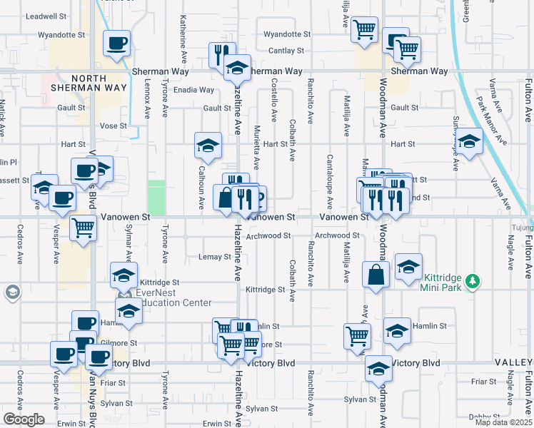 map of restaurants, bars, coffee shops, grocery stores, and more near 14007 Vanowen Street in Los Angeles