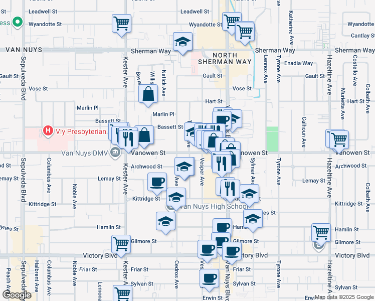 map of restaurants, bars, coffee shops, grocery stores, and more near 14629 Vanowen Street in Los Angeles