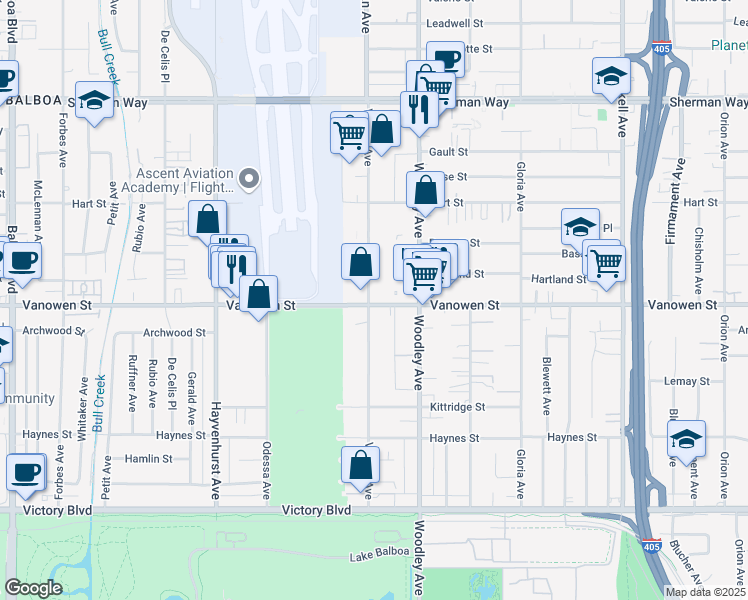 map of restaurants, bars, coffee shops, grocery stores, and more near 16145 Vanowen Street in Los Angeles