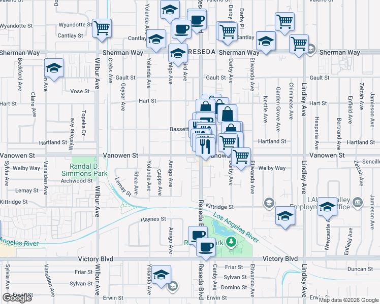 map of restaurants, bars, coffee shops, grocery stores, and more near 6809 Baird Avenue in Los Angeles