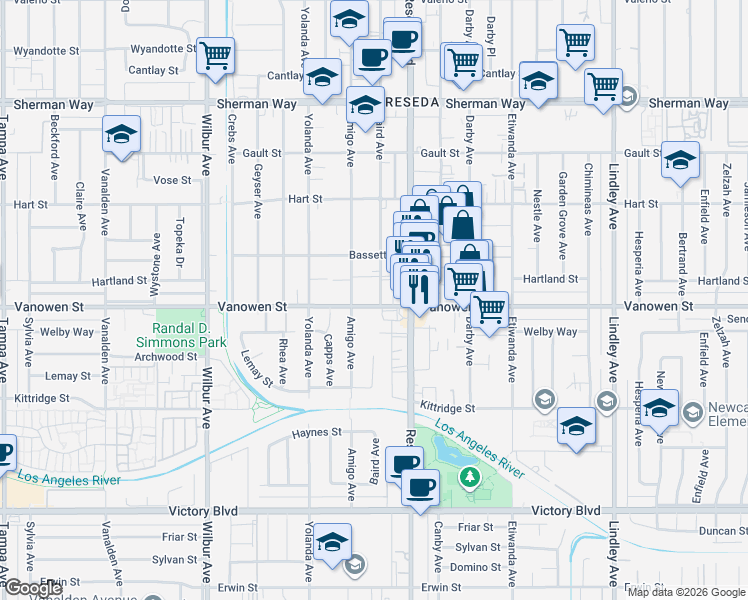 map of restaurants, bars, coffee shops, grocery stores, and more near 6809 Baird Avenue in Los Angeles