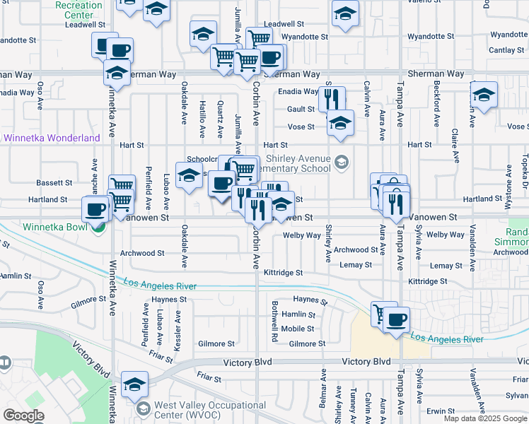 map of restaurants, bars, coffee shops, grocery stores, and more near 19637 Vanowen Street in Los Angeles