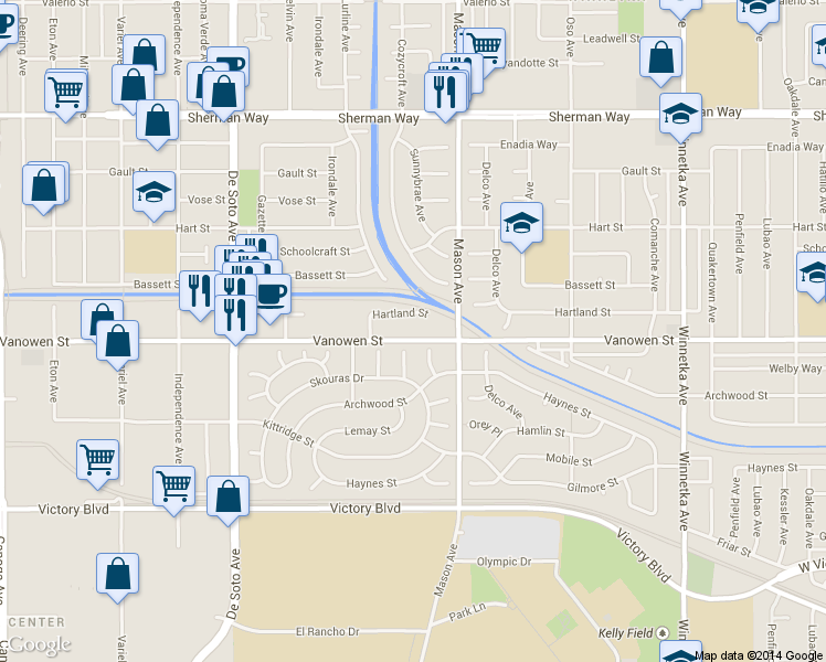map of restaurants, bars, coffee shops, grocery stores, and more near 20541 Vanowen Street in Los Angeles
