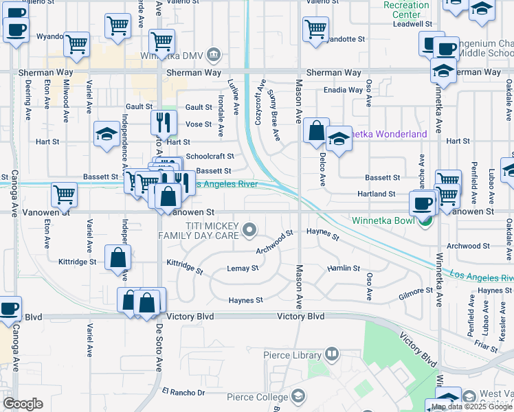 map of restaurants, bars, coffee shops, grocery stores, and more near 20615 Vanowen Street in Los Angeles