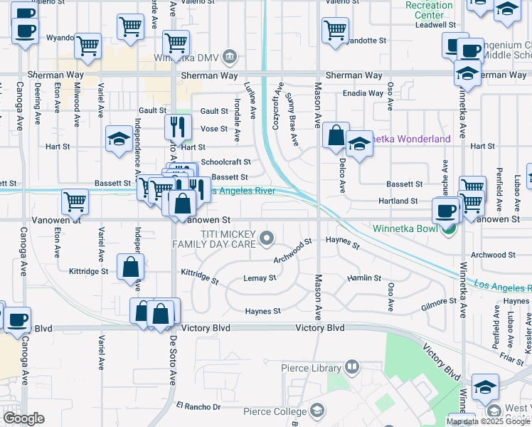 map of restaurants, bars, coffee shops, grocery stores, and more near 20615 Vanowen Street in Los Angeles