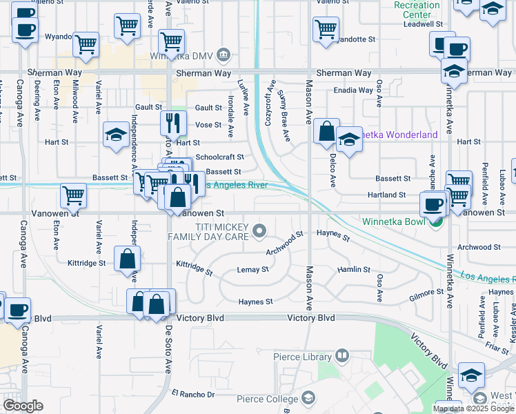 map of restaurants, bars, coffee shops, grocery stores, and more near 20615 Vanowen Street in Los Angeles