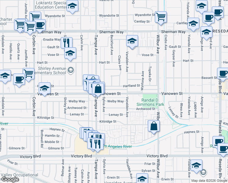 map of restaurants, bars, coffee shops, grocery stores, and more near 19153 Vanowen Street in Los Angeles