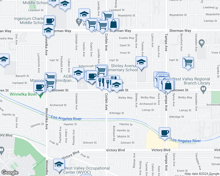 map of restaurants, bars, coffee shops, grocery stores, and more near 19637 Vanowen Street in Los Angeles