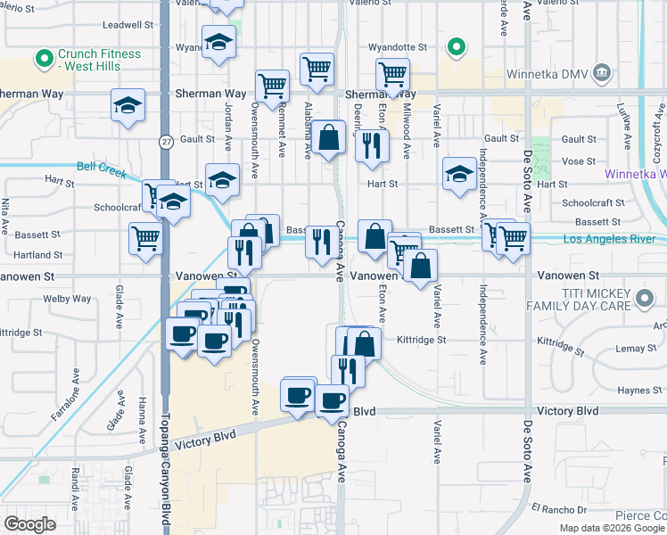 map of restaurants, bars, coffee shops, grocery stores, and more near in Los Angeles