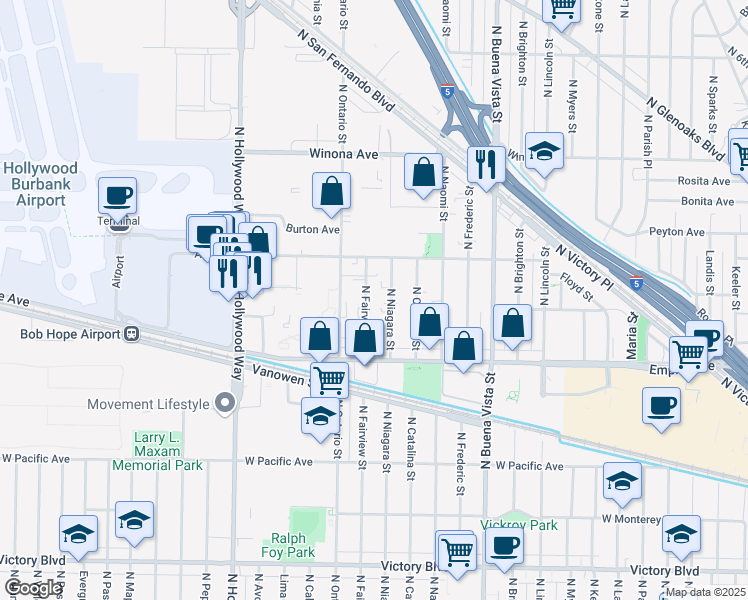 map of restaurants, bars, coffee shops, grocery stores, and more near 2310 North Fairview Street in Burbank