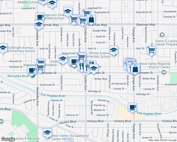 map of restaurants, bars, coffee shops, grocery stores, and more near 6800 Corbin Avenue in Los Angeles