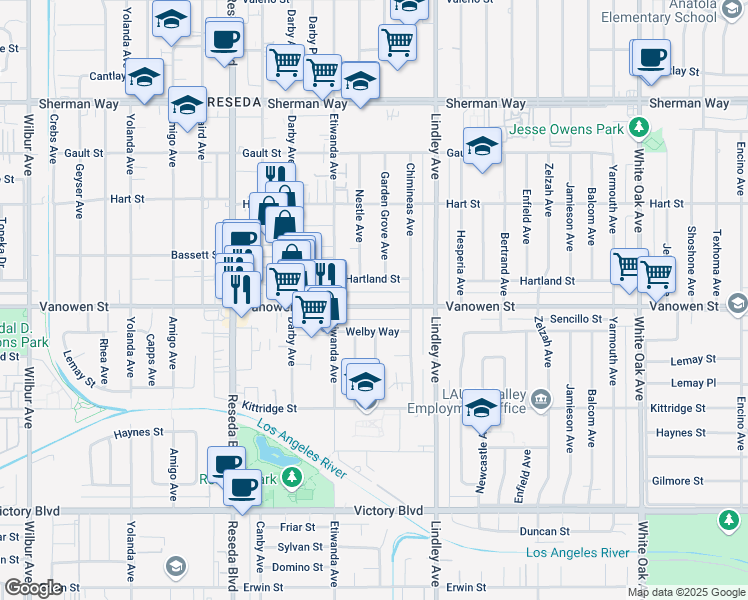 map of restaurants, bars, coffee shops, grocery stores, and more near 18211 Vanowen Street in Los Angeles