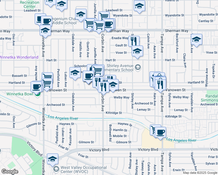 map of restaurants, bars, coffee shops, grocery stores, and more near 19637 Vanowen Street in Los Angeles