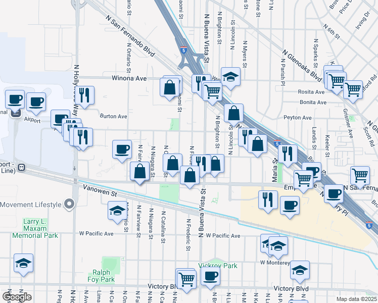 map of restaurants, bars, coffee shops, grocery stores, and more near 2111 North Frederic Street in Burbank