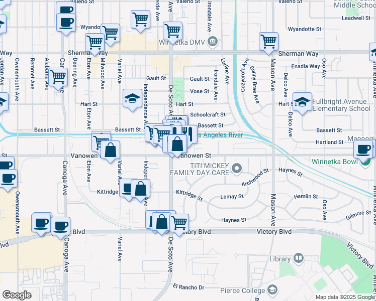 map of restaurants, bars, coffee shops, grocery stores, and more near 6804 De Soto Avenue in Los Angeles