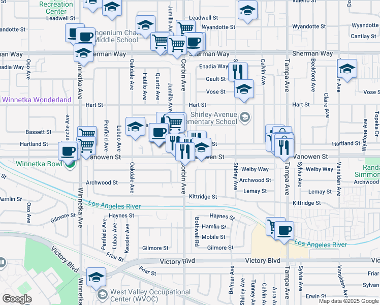 map of restaurants, bars, coffee shops, grocery stores, and more near 6800 Corbin Avenue in Los Angeles
