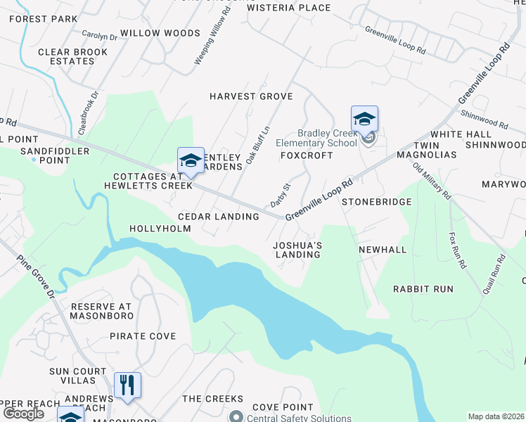 map of restaurants, bars, coffee shops, grocery stores, and more near 5844 Greenville Loop Road in Wilmington