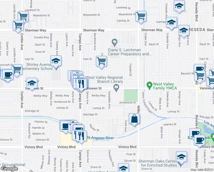 map of restaurants, bars, coffee shops, grocery stores, and more near 19107 Vanowen Street in Los Angeles