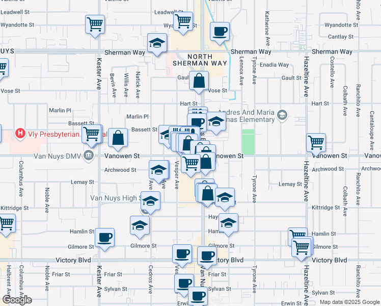 map of restaurants, bars, coffee shops, grocery stores, and more near 14547 Vanowen Street in Los Angeles