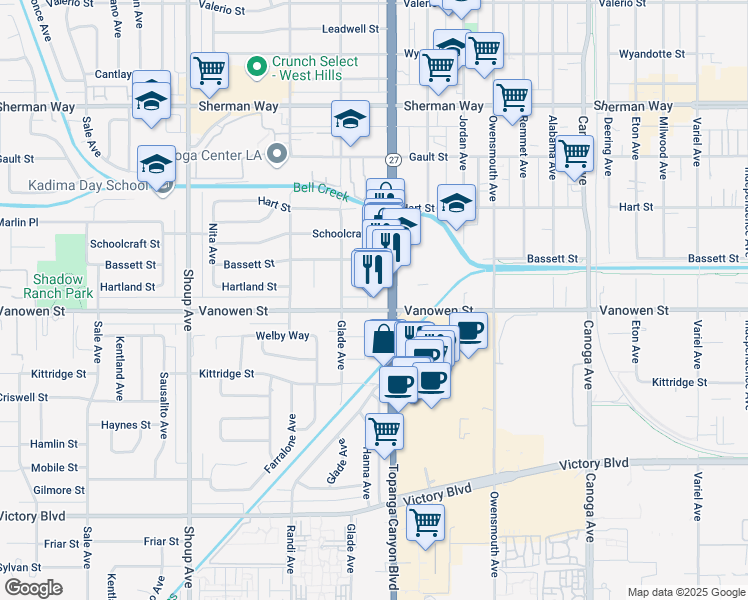 map of restaurants, bars, coffee shops, grocery stores, and more near 22019 Vanowen Street in Los Angeles