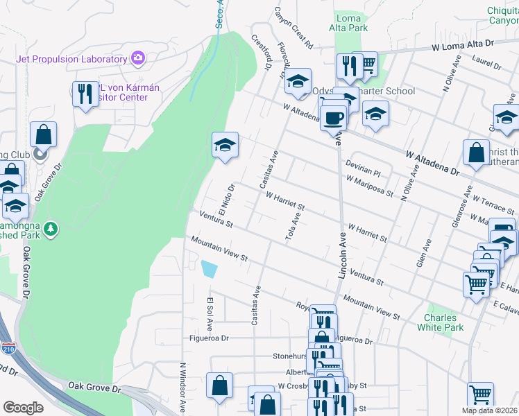 map of restaurants, bars, coffee shops, grocery stores, and more near 2846 Casitas Avenue in Altadena