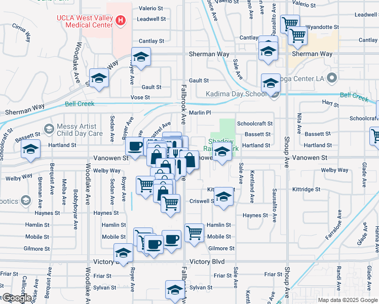 map of restaurants, bars, coffee shops, grocery stores, and more near 22761 Vanowen Street in Los Angeles