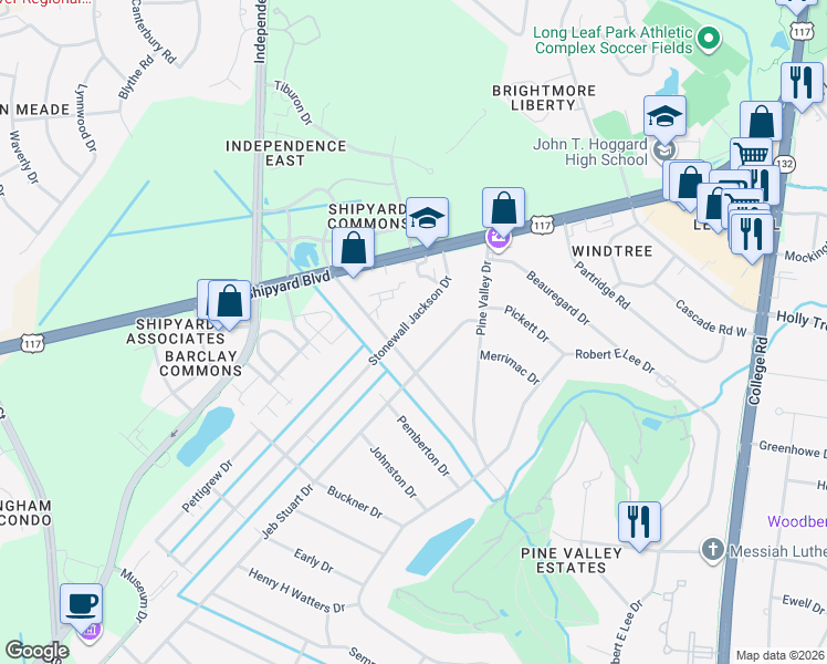 map of restaurants, bars, coffee shops, grocery stores, and more near 143 Stonewall Jackson Drive in Wilmington