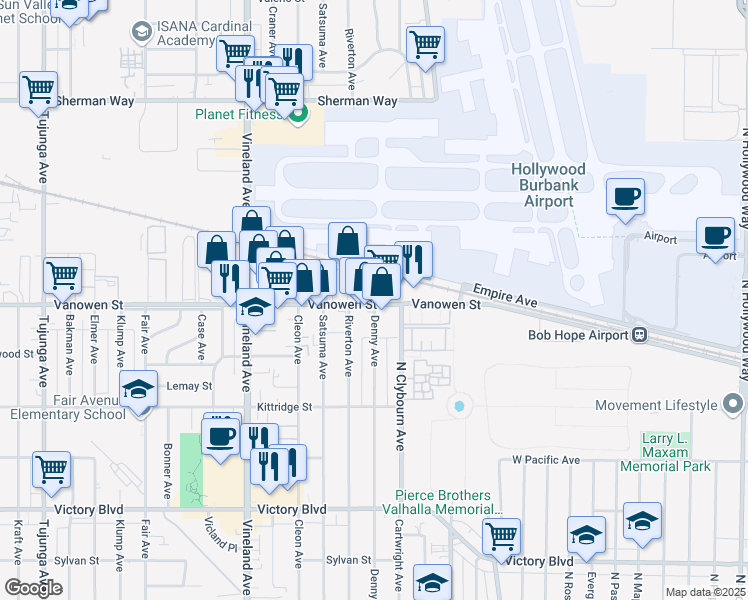 map of restaurants, bars, coffee shops, grocery stores, and more near 10715 Vanowen Street in Los Angeles