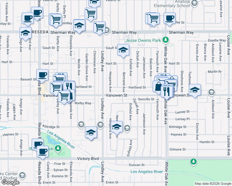 map of restaurants, bars, coffee shops, grocery stores, and more near 18013 Vanowen Street in Los Angeles