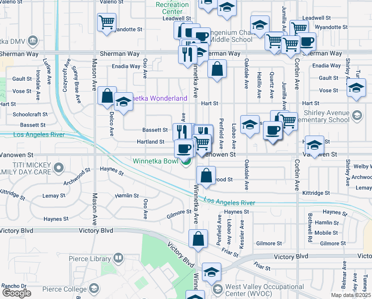 map of restaurants, bars, coffee shops, grocery stores, and more near 20123 Vanowen Street in Los Angeles