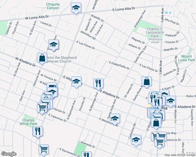 map of restaurants, bars, coffee shops, grocery stores, and more near 275 East Pentagon Street in Altadena