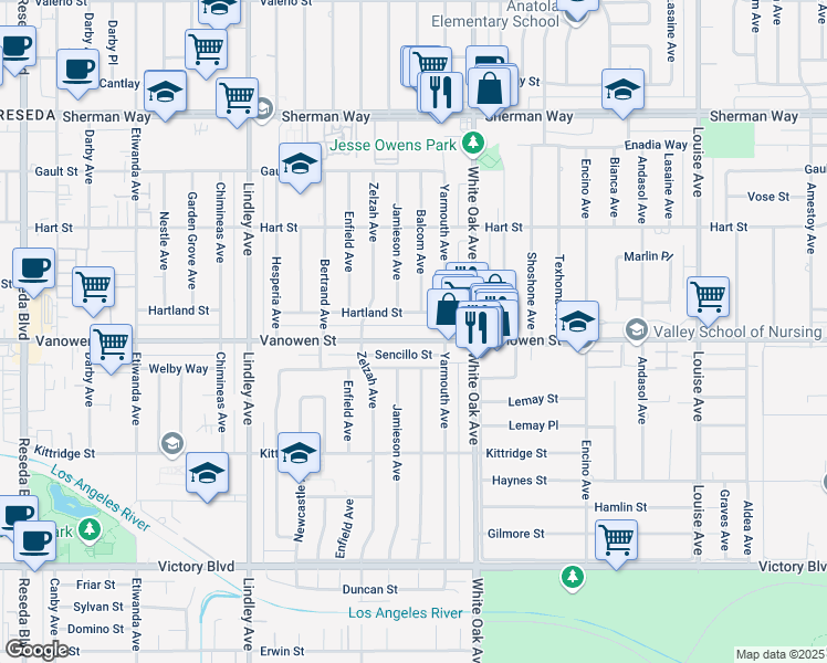 map of restaurants, bars, coffee shops, grocery stores, and more near 17807 Vanowen St in Los Angeles