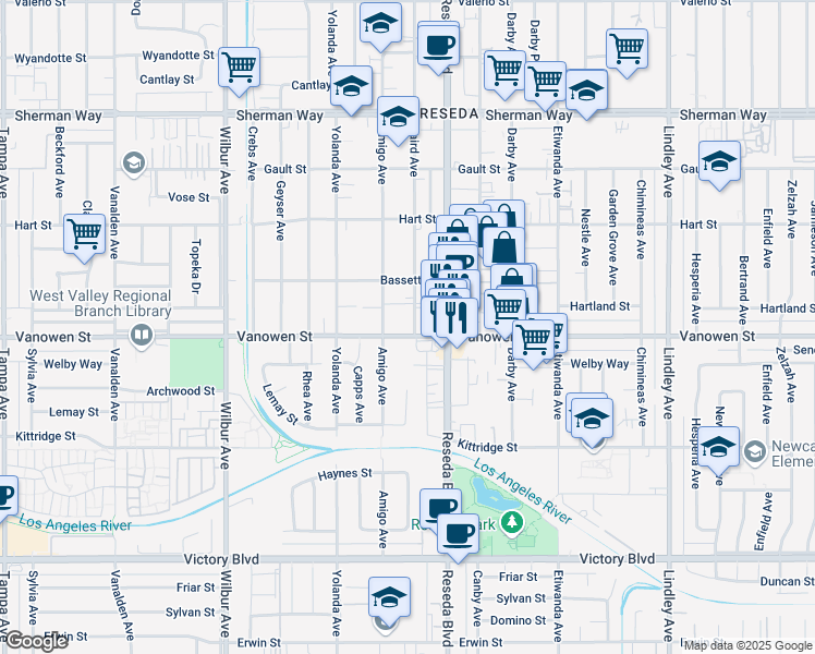 map of restaurants, bars, coffee shops, grocery stores, and more near 6809 Baird Avenue in Los Angeles