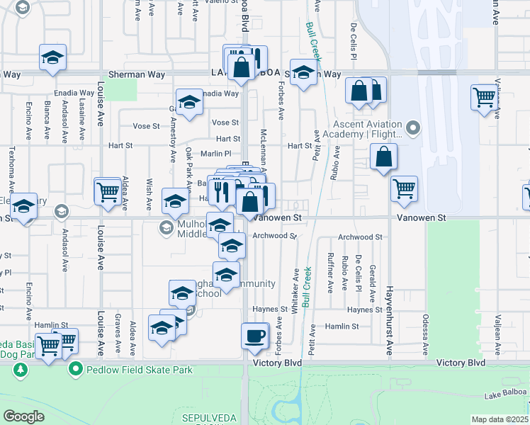 map of restaurants, bars, coffee shops, grocery stores, and more near 16825 Vanowen Street in Los Angeles