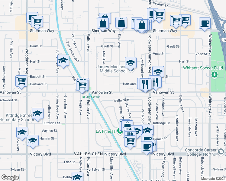 map of restaurants, bars, coffee shops, grocery stores, and more near 13129 Vanowen Street in Los Angeles