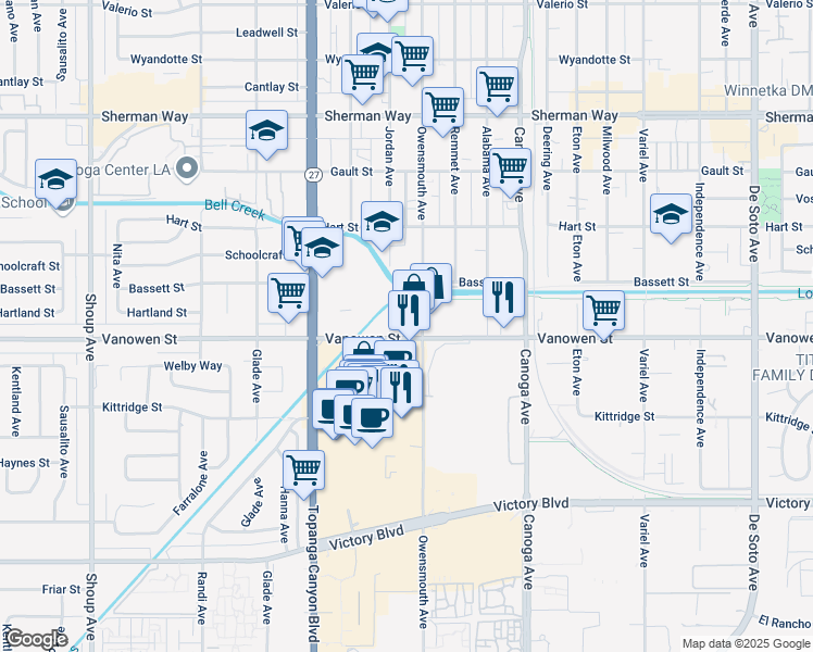map of restaurants, bars, coffee shops, grocery stores, and more near 21721 Vanowen Street in Los Angeles
