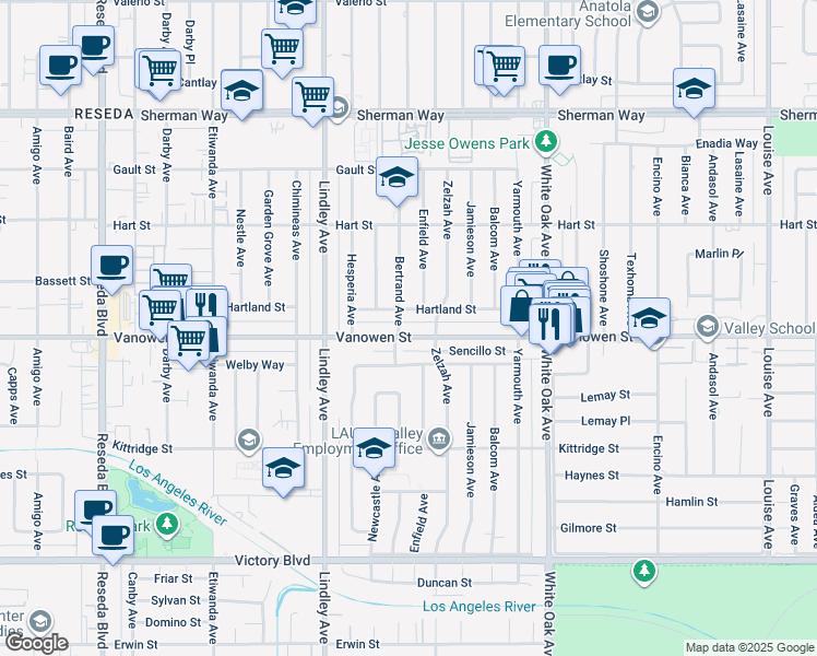 map of restaurants, bars, coffee shops, grocery stores, and more near 17931 Vanowen Street in Los Angeles