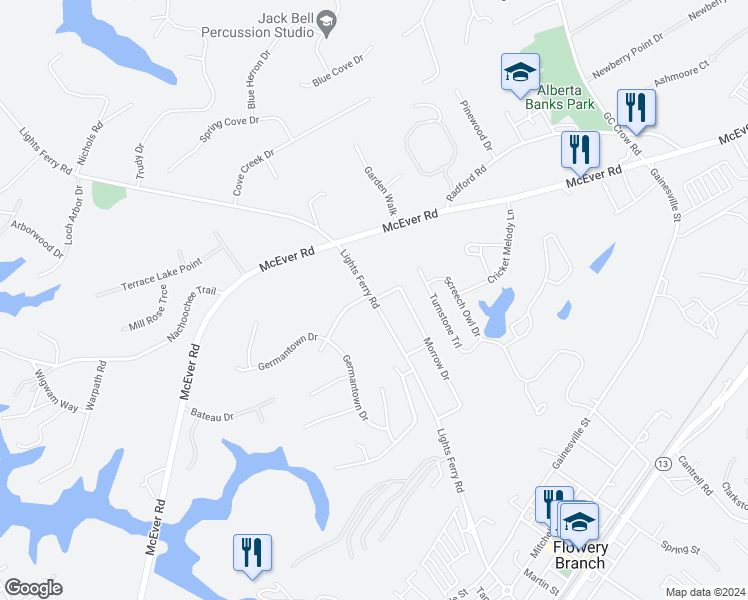 map of restaurants, bars, coffee shops, grocery stores, and more near 4075 2nd Street in Flowery Branch
