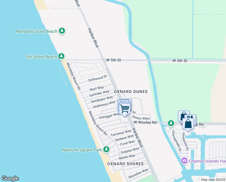 map of restaurants, bars, coffee shops, grocery stores, and more near 5111 Beachcomber Street in Oxnard