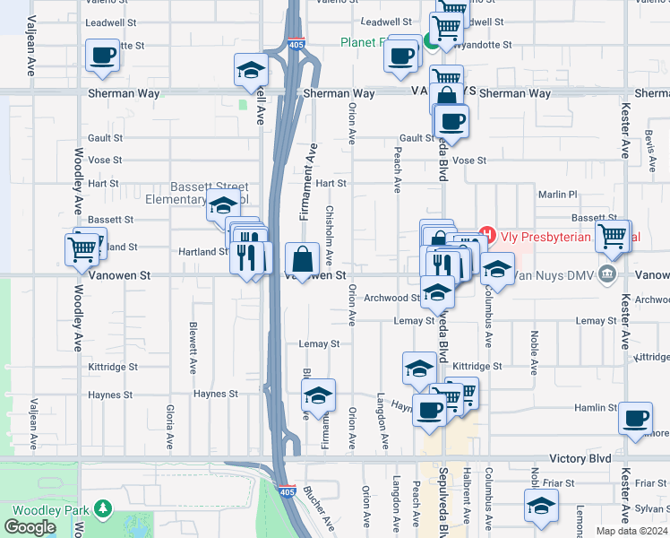 map of restaurants, bars, coffee shops, grocery stores, and more near 6802 Chisholm Avenue in Los Angeles