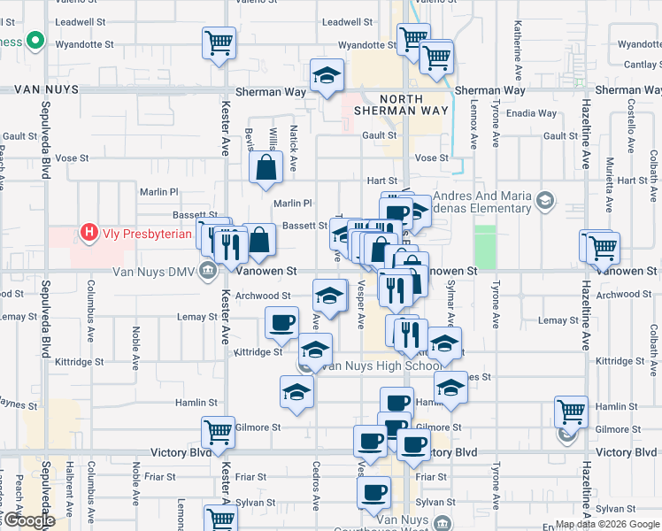 map of restaurants, bars, coffee shops, grocery stores, and more near 14629 Vanowen Street in Los Angeles